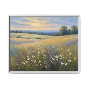 Golden Meadow-zonsondergang - ingelijste canvas muurkunst, landschapsschilderkunst met wilde bloemen, decor vredig land
