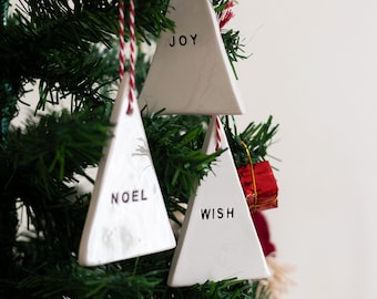 3 pieces, Handmade Ceramic Triangle Christmas Ornament, Free personalization, Engraved Family Christmas Ornament, Family Christmas Gift