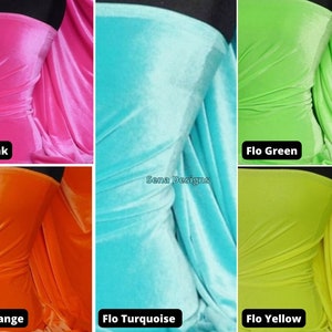 May include: Five swatches of brightly colored stretch velvet fabric. The colors are pink, green, orange, turquoise, and yellow. The fabric is smooth and has a slight sheen. Sena Designs is printed on the fabric.