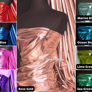 May include: A collage of eight different colors of metallic fabric swatches. The colors are red, royal blue, cerise, purple, rose gold, marine blue, ocean blue, lime green, and sea green.