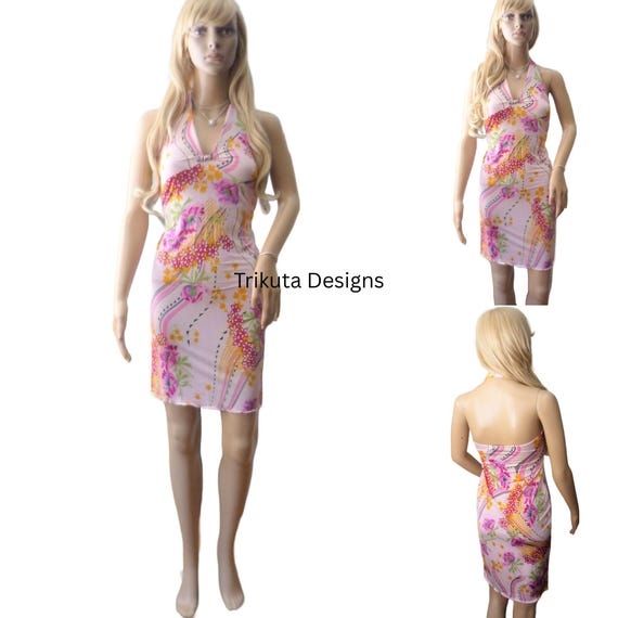 Women's Stretch Floral Print Halter Midi Dress, Pink Summer Sheath - Etsy