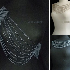 May include: A silver beaded necklace and shoulder piece with a delicate, intricate design. The piece is shown on a black background and on a white mannequin.