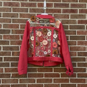Reworked red flower jean Jacket