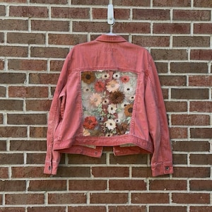 Reworked red flower jean Jacket