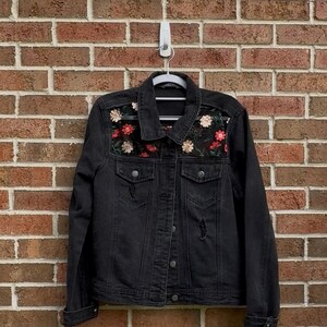 Reworked black flower jean Jacket