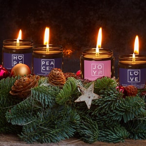Advent Candle Set with Weekly Prayers - Soy Candles in Amber Jars - Modern Christmas Decor - Christian & Catholic Gift - Hope Peace Joy Love