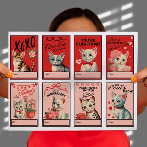 Printable Cat Valentine&#39;s Day Card for Kids classroom parties - Instant Download Cards - Valentine&#39;s Gift tags - Vintage Cute Kitten designs
