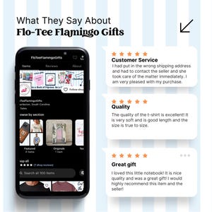 K&ouml;nnte beinhalten: Screenshot eines Etsy-Shops namens Flo-Tee Flamingo Gifts. Der Shop hat eine 5-Sterne-Bewertung f&uuml;r Kundenservice, Qualit&auml;t und Gesamterfahrung. Der Shop verkauft eine Vielzahl von Artikeln, darunter T-Shirts, Notizb&uuml;cher und andere Geschenke. Der Slogan des Shops lautet "In einer Schar von Tauben, sei ein Flamingo."
