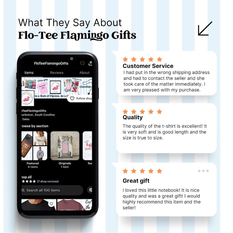 K&ouml;nnte beinhalten: Screenshot eines Etsy-Shops namens Flo-Tee Flamingo Gifts. Der Shop hat eine 5-Sterne-Bewertung f&uuml;r Kundenservice, Qualit&auml;t und Gesamterfahrung. Der Shop verkauft eine Vielzahl von Artikeln, darunter T-Shirts, Notizb&uuml;cher und andere Geschenke. Der Slogan des Shops lautet "In einer Schar von Tauben, sei ein Flamingo."