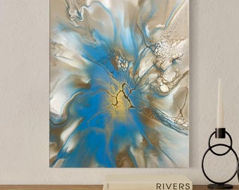 Original Abstract Acrylic Fluid Art Painting: Blue Brown Modern Wall Decor, 16x20 Canvas