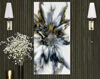 Abstract Fluid Acrylic Pour Painting: Modern Grey Wall Art, 12x24 Canvas