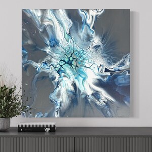 Original Homemade Abstract Acrylic Fluid Art Painting,  20” x 20”, fluid art painting, grey modern wall art