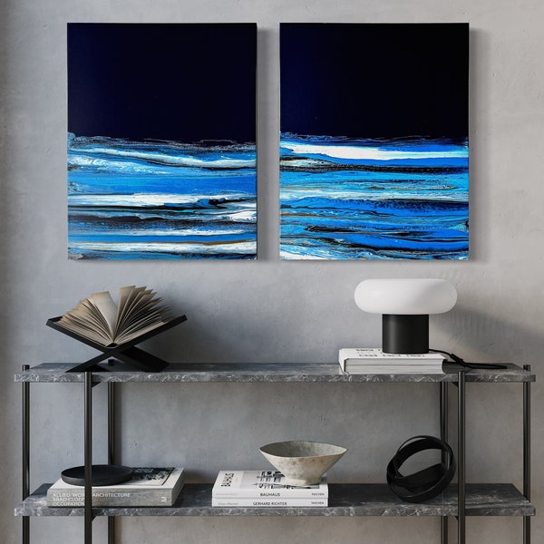 Set of 2 Original Abstract Acrylic Fluid Art  Painting 32” x 20” , Diptych, Navy and other shades of Blue