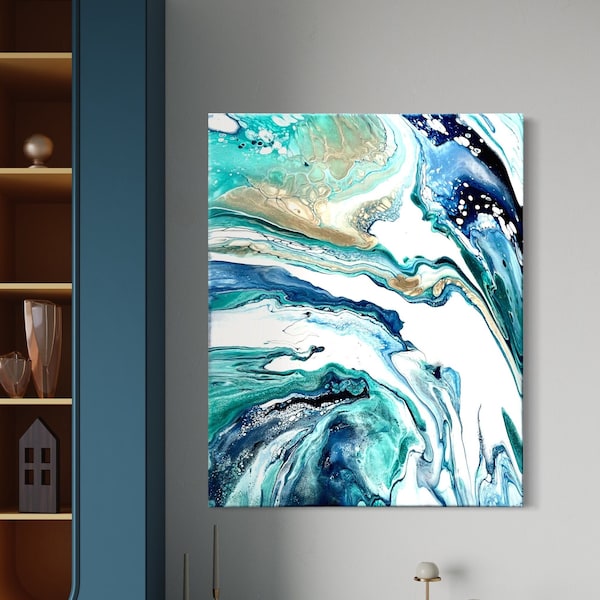 Original Abstract Acrylic Flow Painting,  16” x 20” large contemporary wall art, fluid art painting
