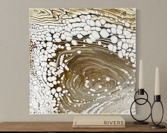 Original Abstract Acrylic Flow Pour Painting,  14” x 14” contemporary wall art, brown fluid art painting