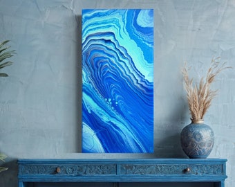 Peinture d'art fluide acrylique abstraite originale 61 x 30 cm, nuances de bleu