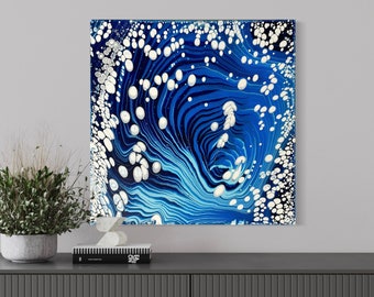Original Homemade Abstract Acrylic Fluid Art Painting,  20”x 20” canvas wall art, shades of blue high gloss painting