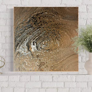 Peinture d'art fluide acrylique abstraite faite main, toile 20 x 20 pouces, art mural moderne marron et bronze