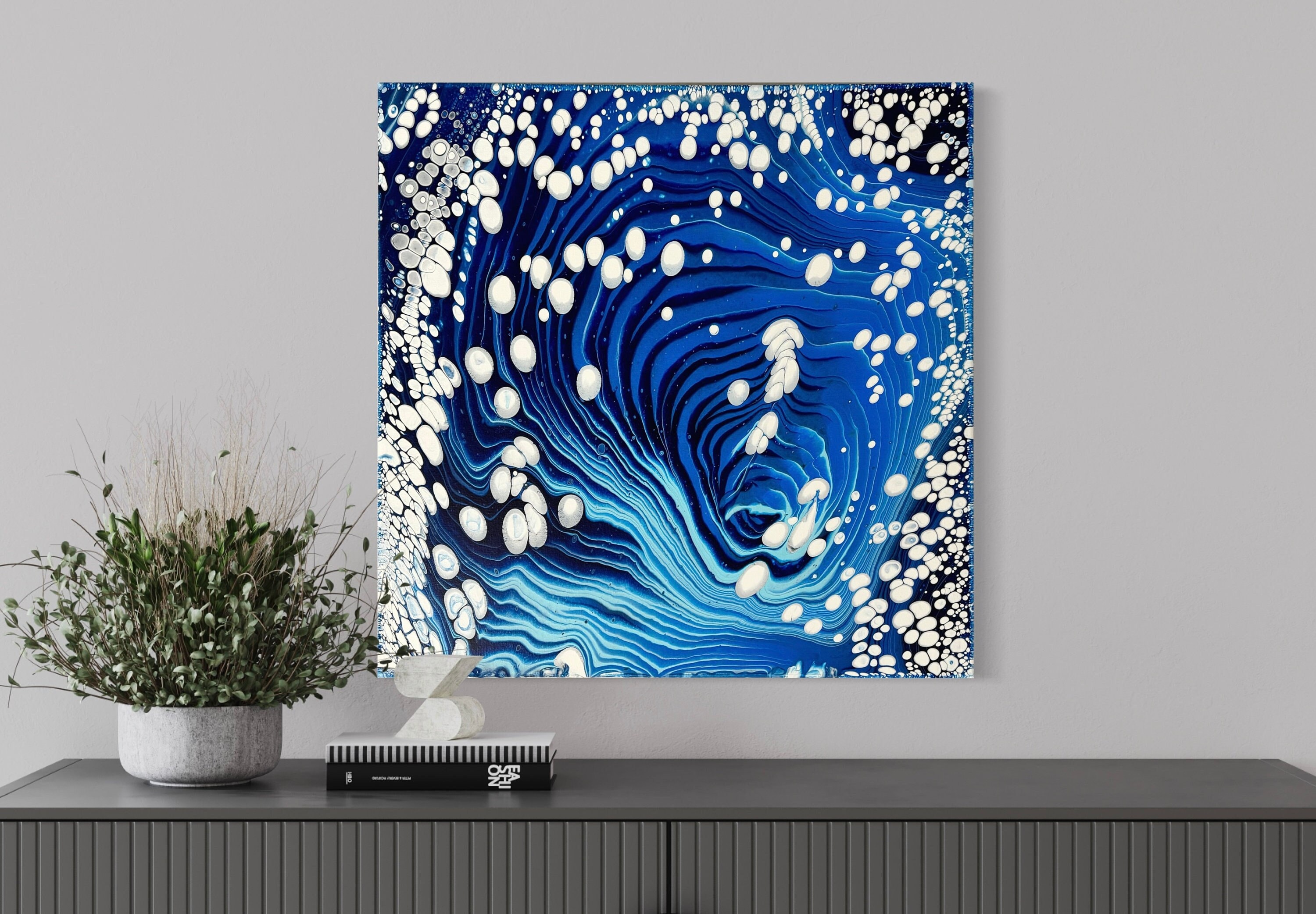 オリジナル抽象流体アート絵画：ブルー高光沢アクリルアート（20インチ