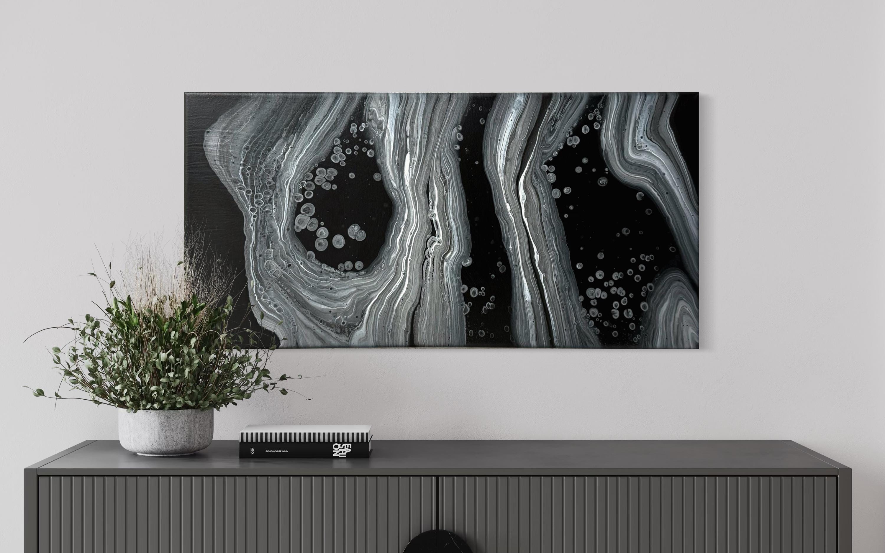Original Handmade Black and White Abstract Fluid Art Painting (12” X 24 ...
