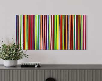 Original Handmade Abstract Acrylic Fluid Art Painting, 12&quot; x 24&quot;, Bright Colorful Striped Modern Wall Art