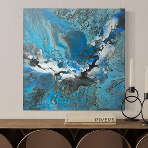 Original Homemade Abstract Acrylic Flow Pour Painting,  20”x 20” abstract canvas wall art, fluid art painting, brown and peacock blue