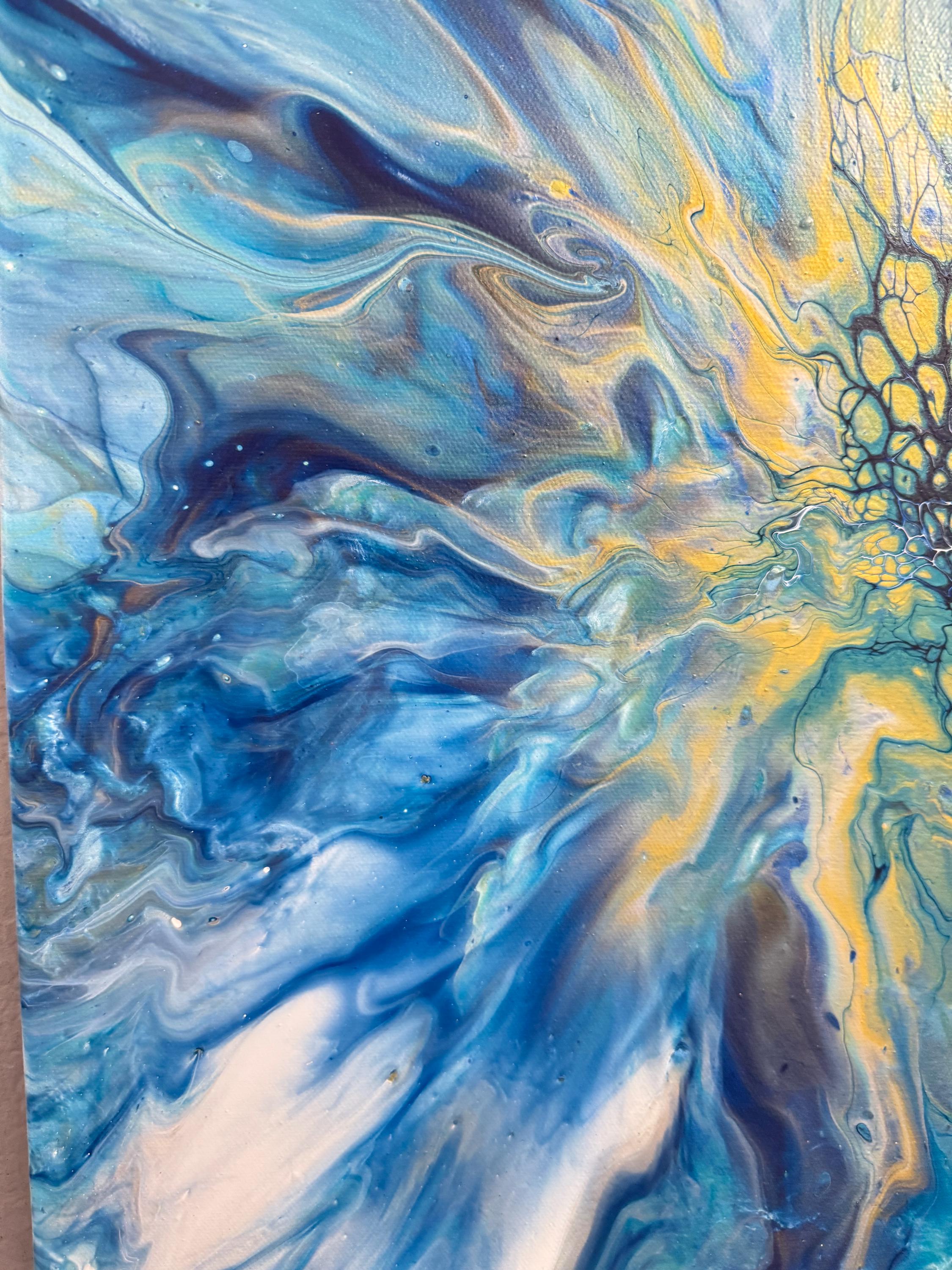 オリジナル抽象流体アート絵画：キャンバスに描かれた青と金のアクリル
