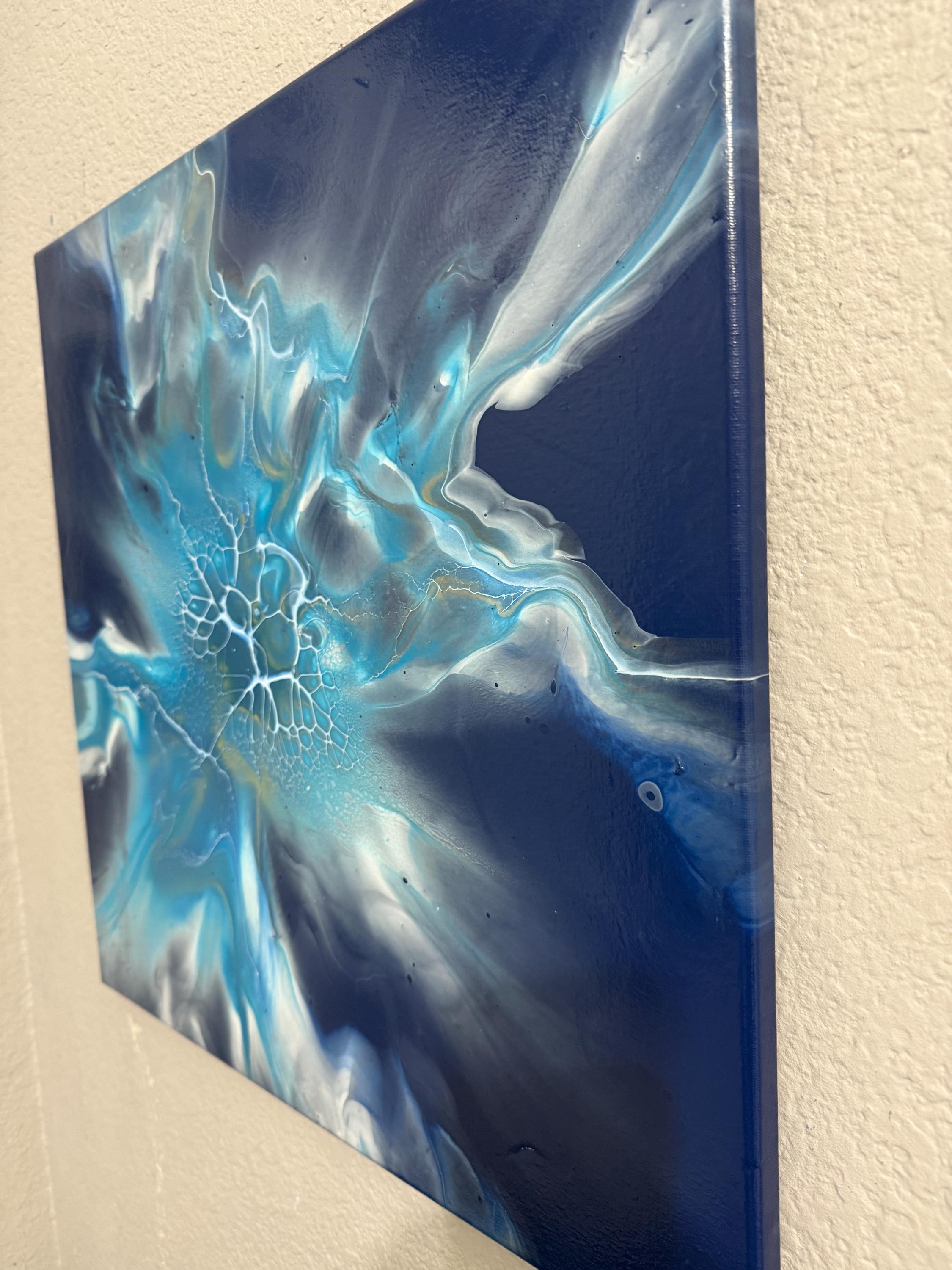 オリジナル抽象流体アート絵画：青と金のアクリルキャンバス（20インチ