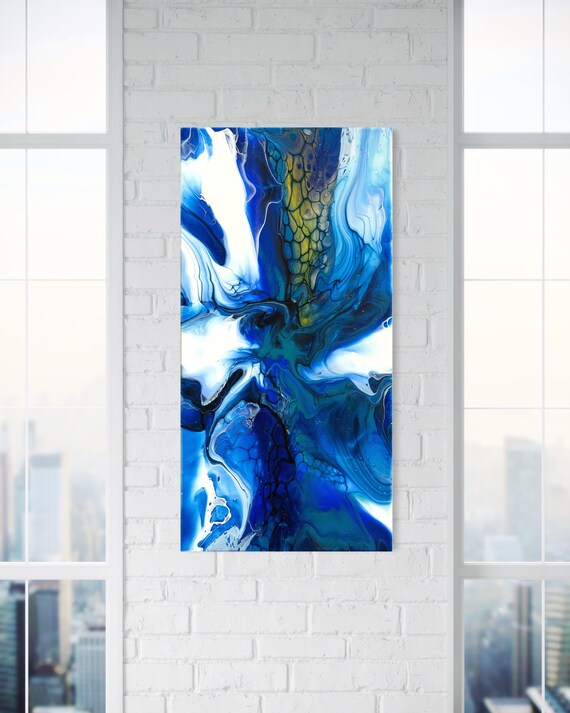 オリジナルの抽象的な流体アート絵画:キャンバスに描かれた青と オリジナルの抽象的な流体アート絵画:キャンバスに描かれた青と