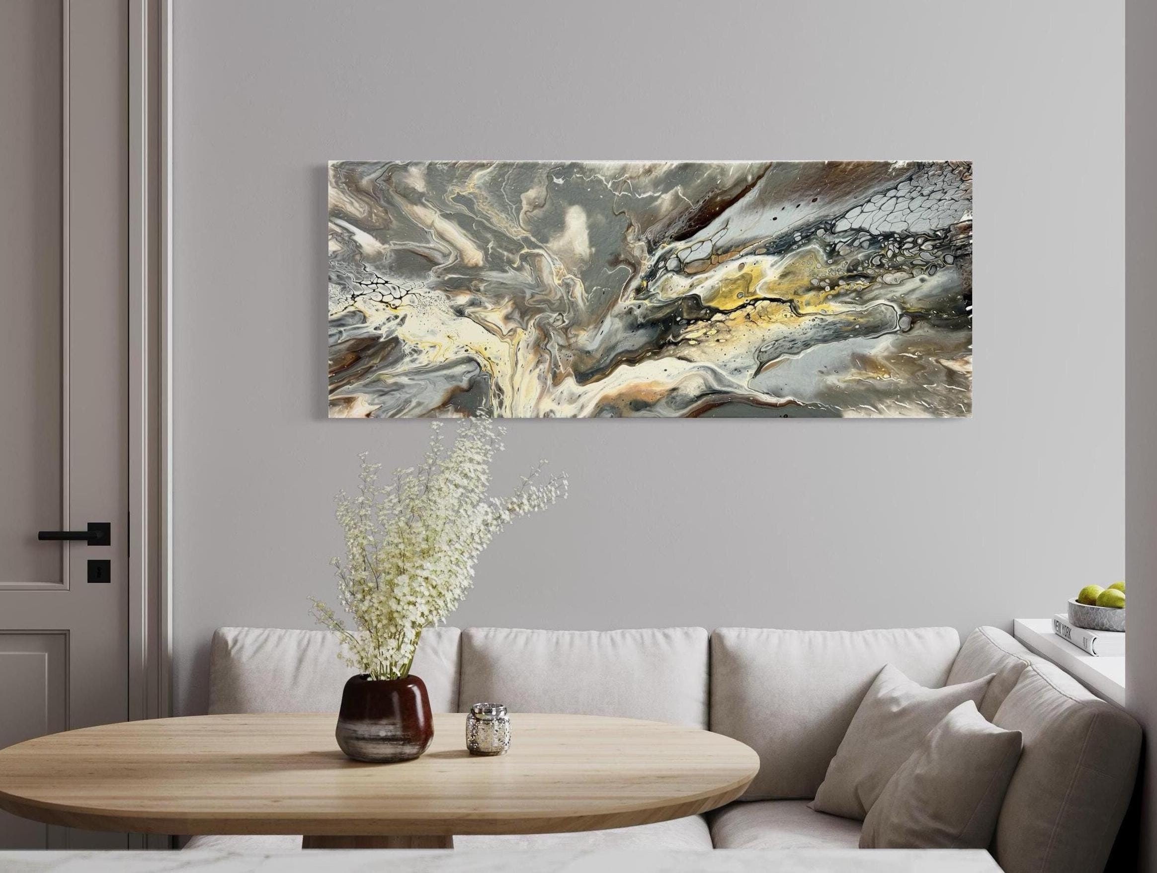 Original Homemade Abstract Acrylic Fluid Art painting 40" x 16” Gallery Wrapped canvas, brown, white and grey modern wall art
