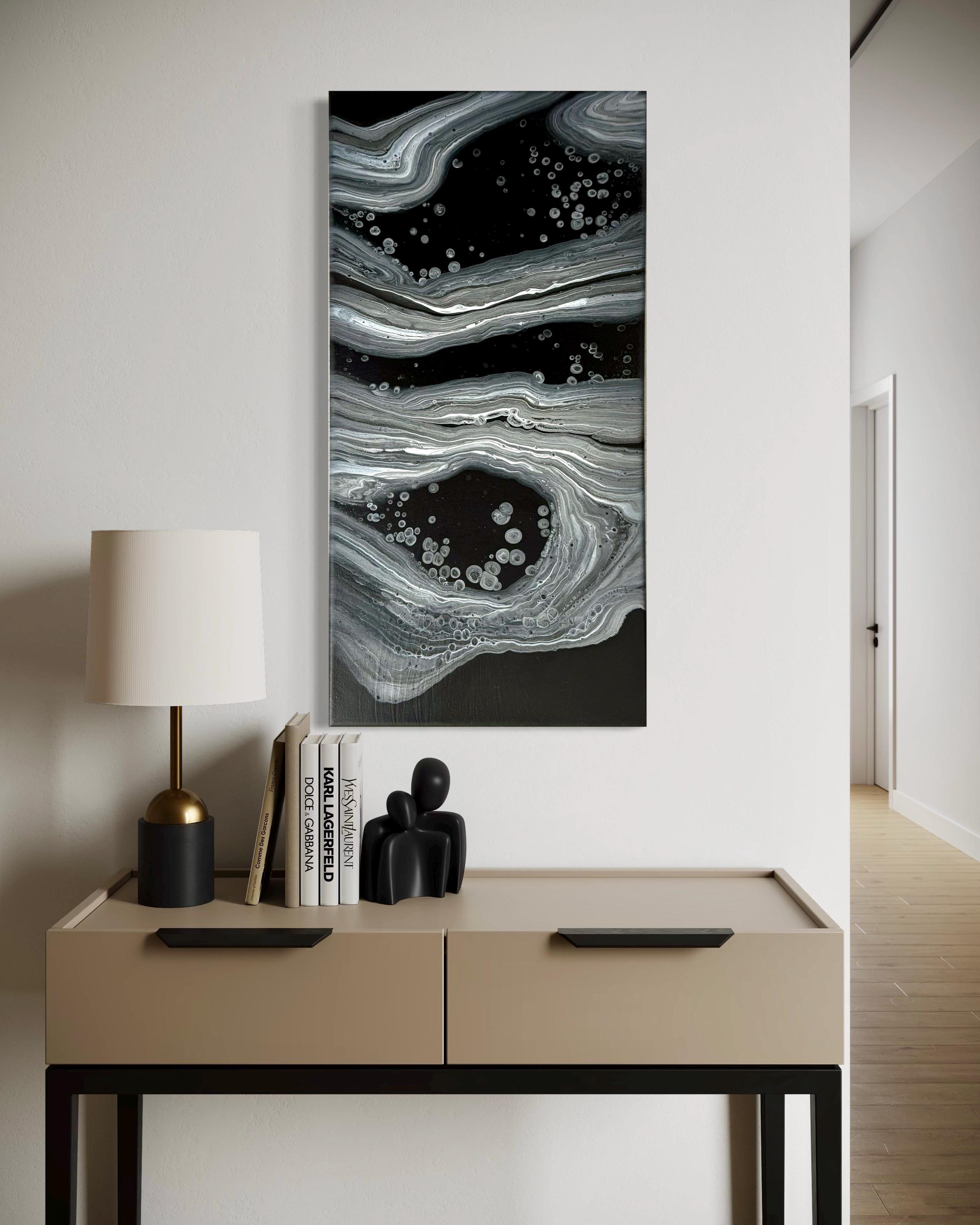 Original Handmade Black and White Abstract Fluid Art Painting (12” X 24 ...