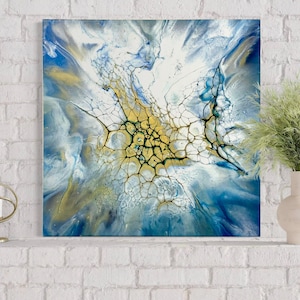 Original handgemachtes abstraktes Gemälde: Blau, Gold, Grau - (20 &quot;x 20&quot;) Leinwand.&quot;