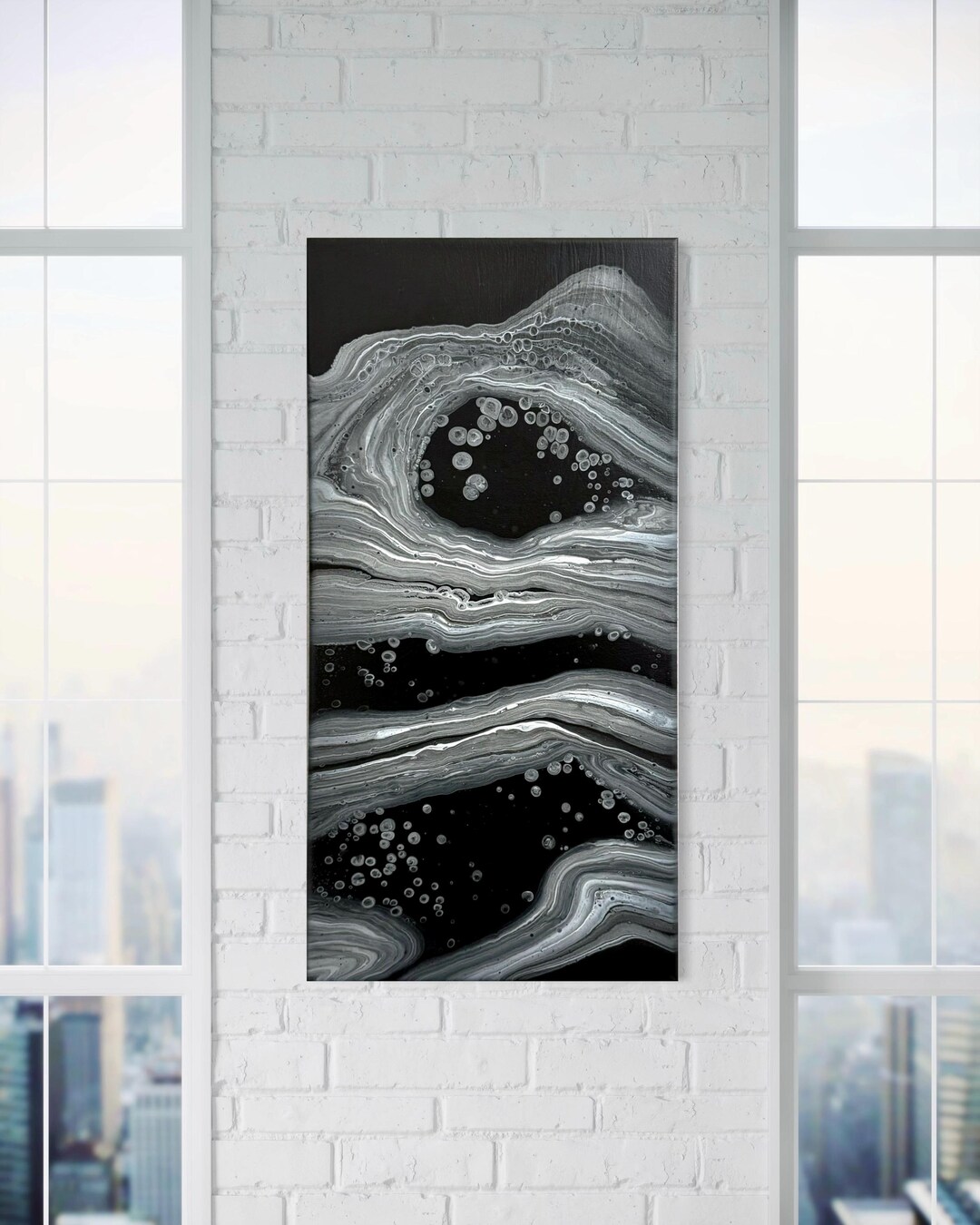 Original Handmade Black and White Abstract Fluid Art Painting (12” X 24 ...