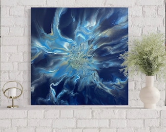 Pintura abstracta de arte fluido: lienzo azul y dorado hecho a mano (50 x 50 cm)
