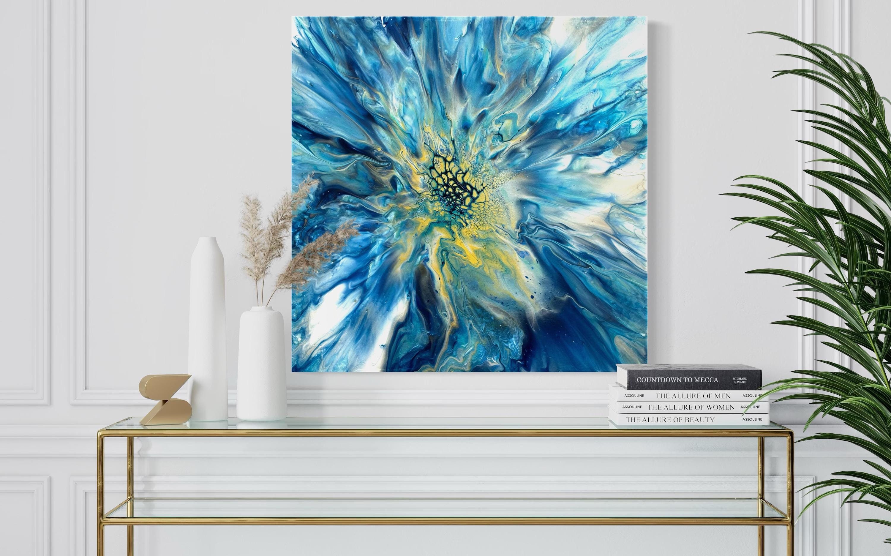 オリジナル抽象流体アート絵画：キャンバスに描かれた青と金のアクリル