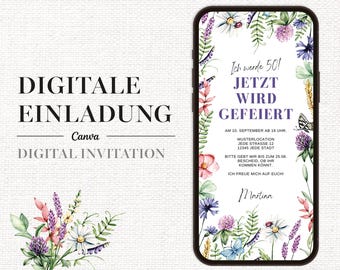 Digital 50th birthday invitation | Canva template with wildflower design | WhatsApp invitation card for self-design 03