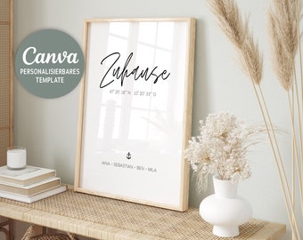 Personalisiertes Einzugsgeschenk Haus Wohnung | Geschenk Einzug Hausbau Hochzeit Umzug | Zuhause Poster mit Koordinaten | Canva Vorlage