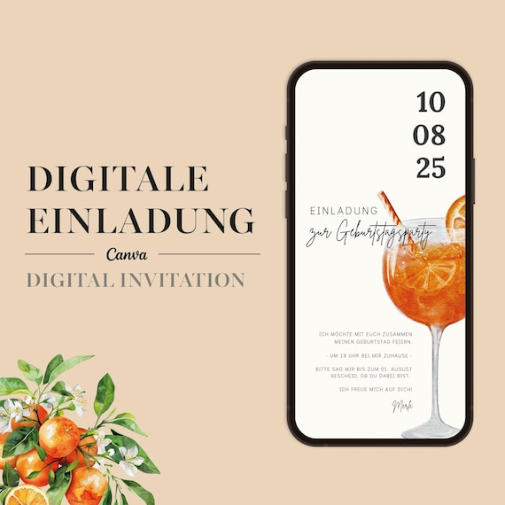 Digitale Geburtstagseinladung mit Aperol I Canva Vorlage Einladungskarte Gartenparty I WhatsApp Einladung 30. Geburtstag I eCard I 08