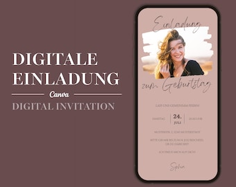 Digital invitation with photo beige I Send birthday e-card via WhatsApp I Invitation card I Birthday invitation Canva template I 13