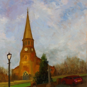 St. Wilfrid&#39;s Church Standish, Wigan. Original plein air Ölgemälde Landschaft impressionistisch 30 x 40 cm Unikat Landschaft.