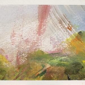 May include: Abstract watercolor painting with a landscape theme. The artwork features a blend of colors, including green, yellow, pink, and blue, applied with visible brushstrokes. The composition evokes a sense of nature and artistic expression.