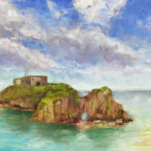 Isla de Santa Catalina, Gales. Paisaje marino original, pintura al óleo hecha a mano, única en su tipo, obra de arte impresionista al aire libre de 30,5 x 20,3 cm