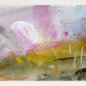 May include: Abstract watercolor painting on paper. The artwork features a landscape with strokes of pink, yellow, gray, and brown. White and gray vertical lines add detail to the composition. The painting is on a white background.