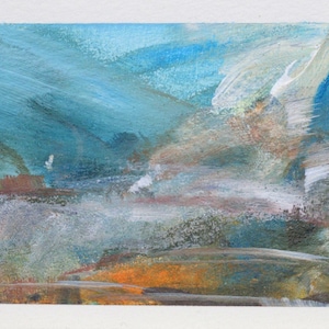 May include: Abstract landscape painting with a palette of blues, greens, and oranges. Brushstrokes create a sense of movement and texture, evoking a cloudy sky and a distant horizon. The artwork is on a white background.