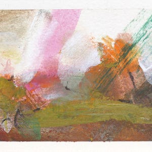 May include: Abstract mixed media artwork on paper. The piece features a blend of colors, including pink, orange, green, and brown, applied with brushstrokes and textured marks. The composition has a landscape-like feel, with layered colors.