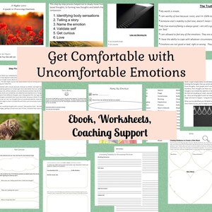 May include: A collage of images with the text "Get Comfortable with Uncomfortable Emotions" in a green box. The collage includes images of owls, light bulbs, hearts, and worksheets with titles like "Name the Emotion" and "Get Curious".