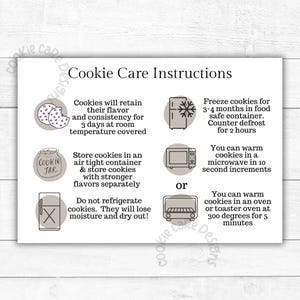 Cookie Care Instruction Cards -  Printable Cookie Packaging for Big Bakery Cookies - Shelf Life & Care - Cards for Cookies