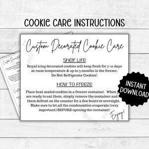 Cartões de instruções e cuidados para congelar biscoitos - Cartões de armazenamento/validade de biscoitos de glacê real decorados personalizados/etiqueta - Embalagem de biscoitos para impressão