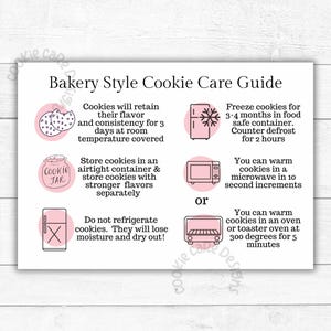Bakery Style Cookie Care Guide Cards -  Pink Printable Cookie Packaging Inserts - Big Cookie Care Instruction Cards