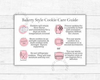 May include: A pink and white illustrated guide with tips on how to store and preserve cookies. The guide includes instructions for freezing, warming, and storing cookies. It also includes a warning against refrigerating cookies.
